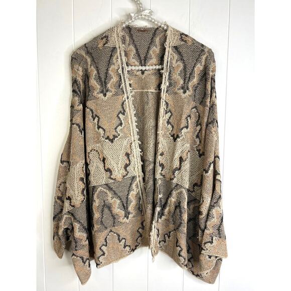 Free People Boho Southwestern Tan/Brown/Cream Open Front Tapestry Cardigan - Picture 1 of 7